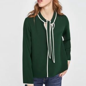 NWOT zara dark green blouse with contrasting piping and bow tie